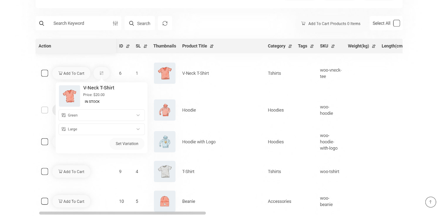 Choose product variations from sticky column of product table