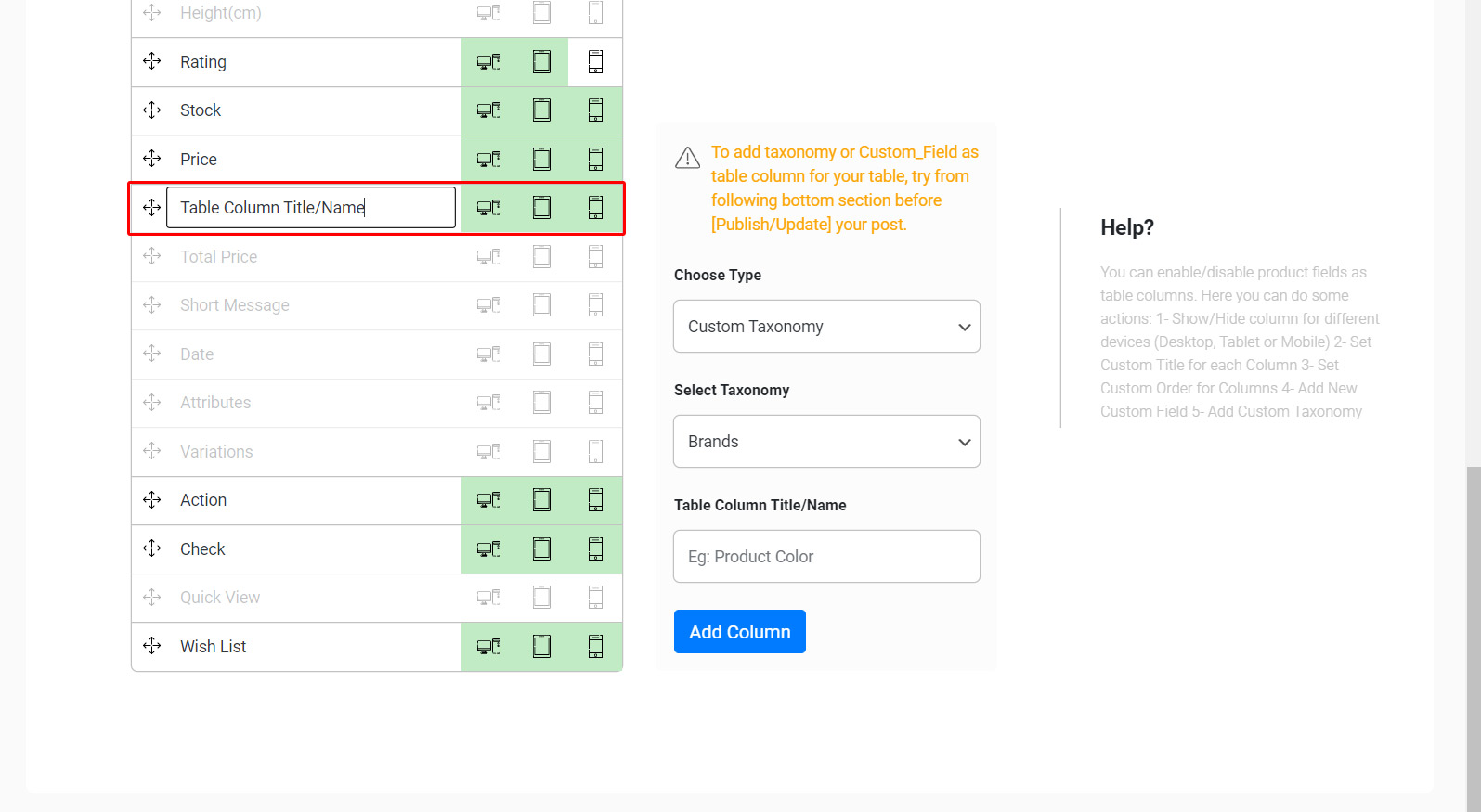 Change column name in WooCommerce product Table plugin