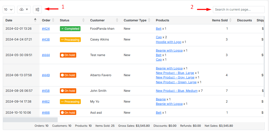 Orders report detailed data table