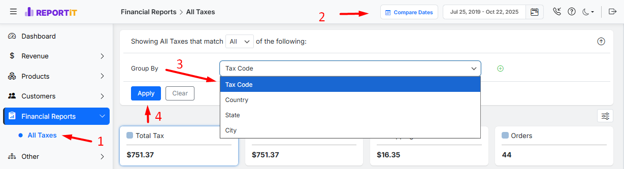 Open finanical report all taxs