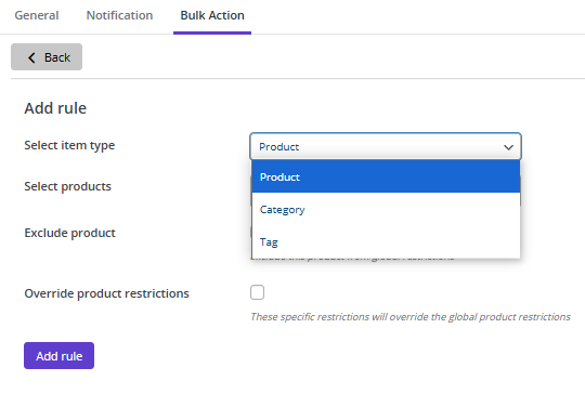 select product item type for bulk action rule