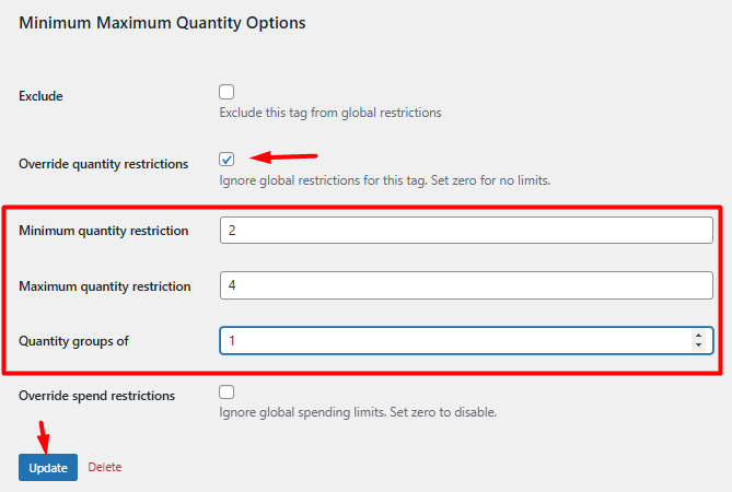 set quantity limit to individual product tags