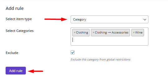 select category as exclude ithem type rule
