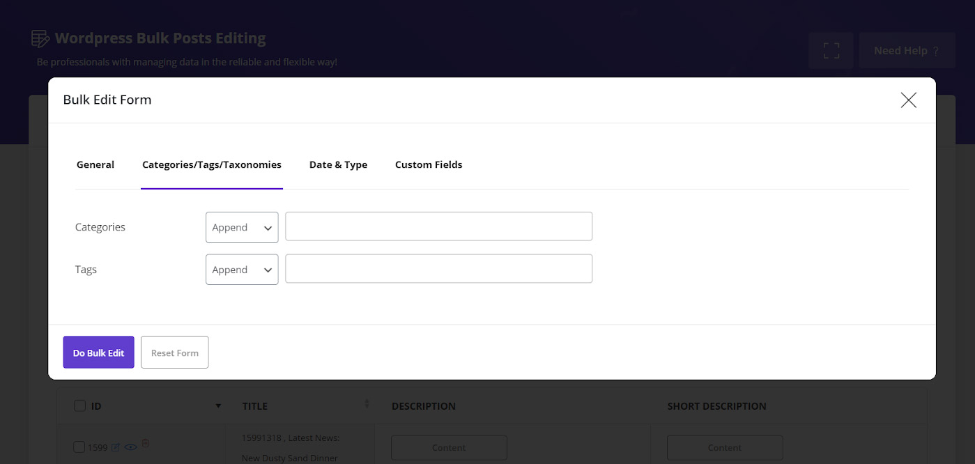How to bulk edit post/custom post custom taxonomy in WordPress bulk post editing plugin