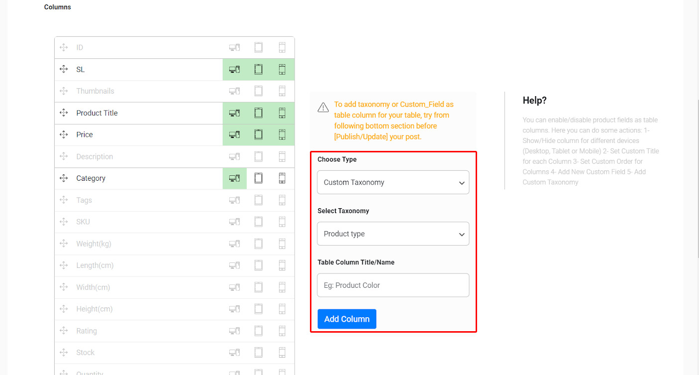 Add a new column to pricing table