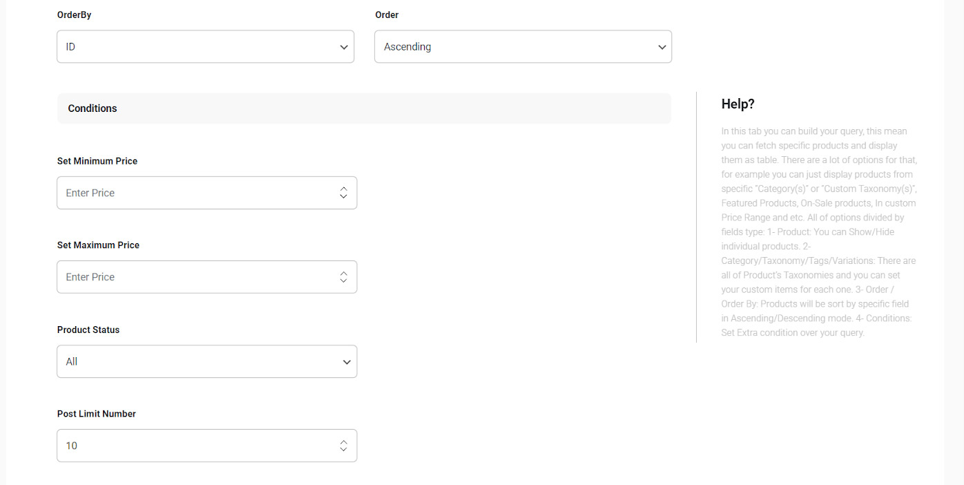 Conditions of query box in woocommerce product table
