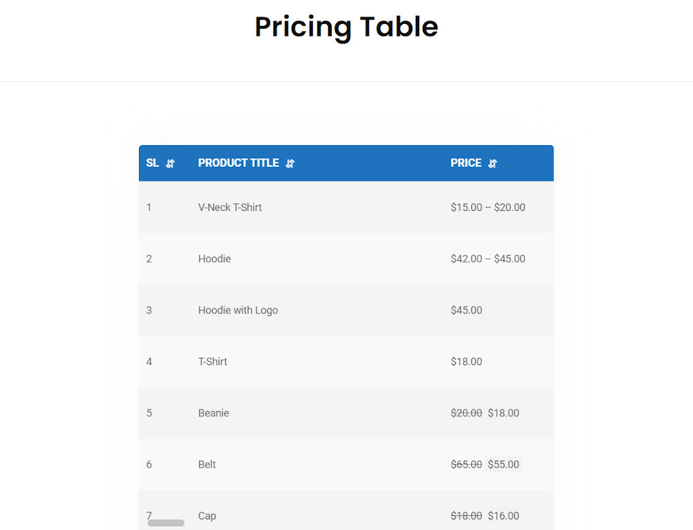 display pricing table in woocommerce product table plugin