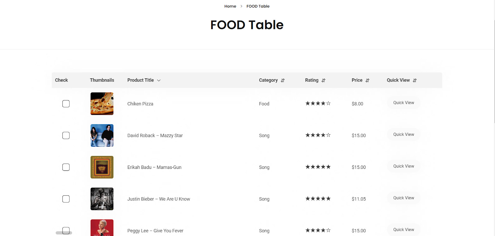 Preview of restaurant menu in woocommerce product table plugin