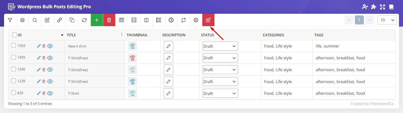 Reset filter button in WordPress bulk editing plugin