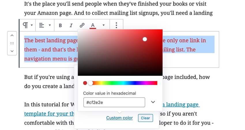 color picker of text