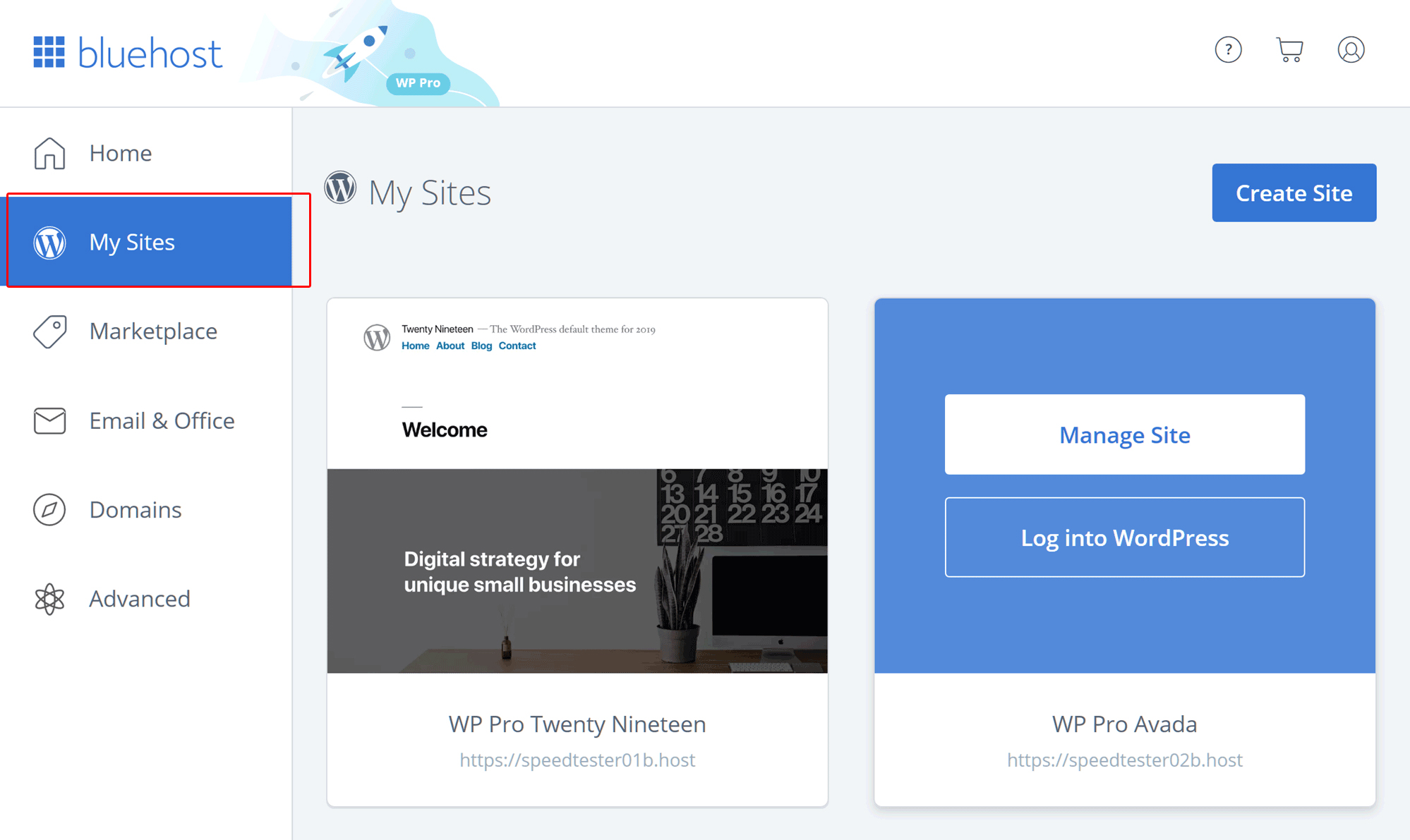 Create new site in bluehost