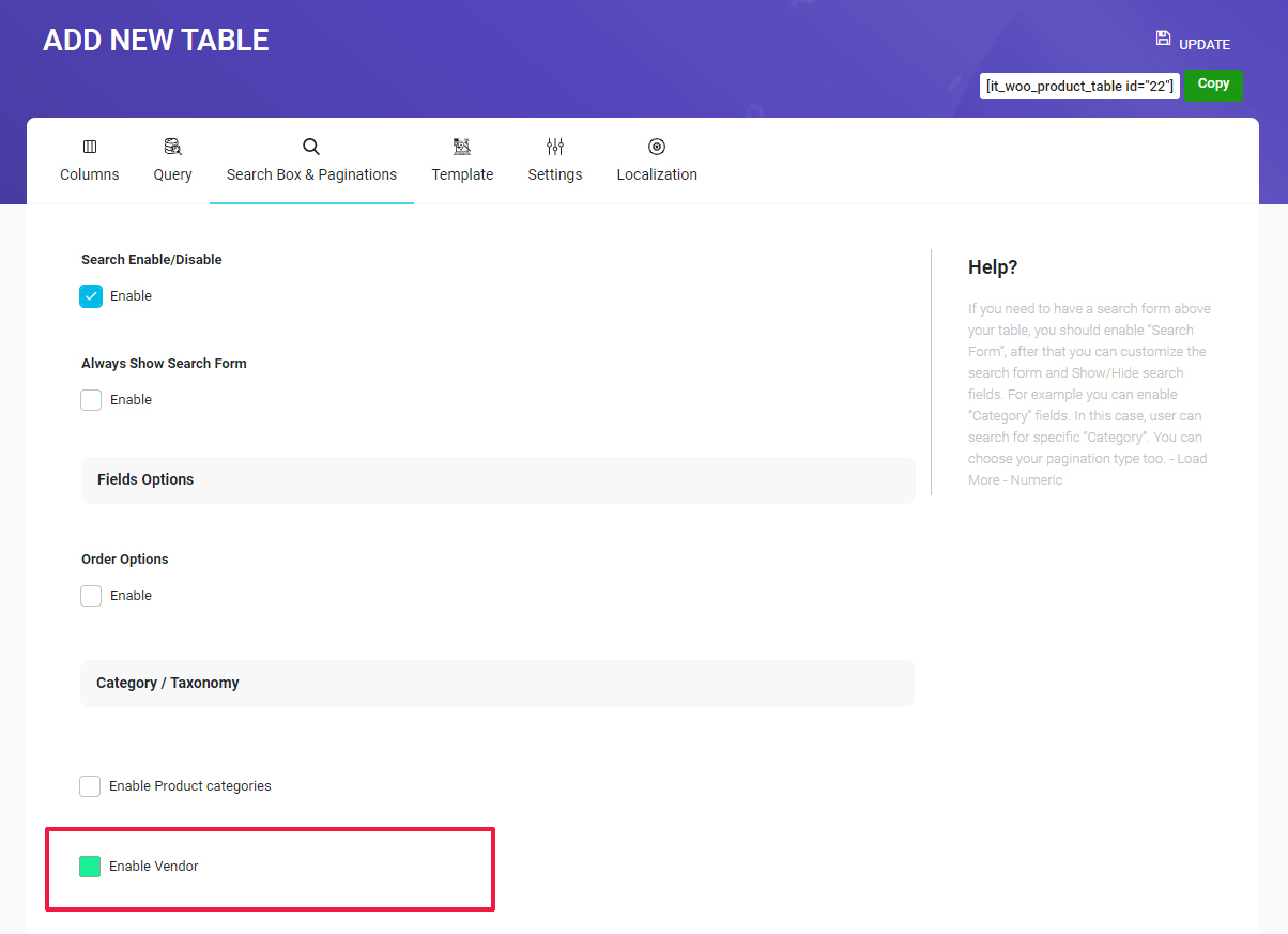 woocommerce product table show vendor field in search form