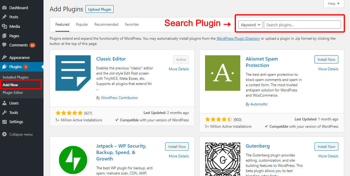 Search plugin from WordPress dashboard