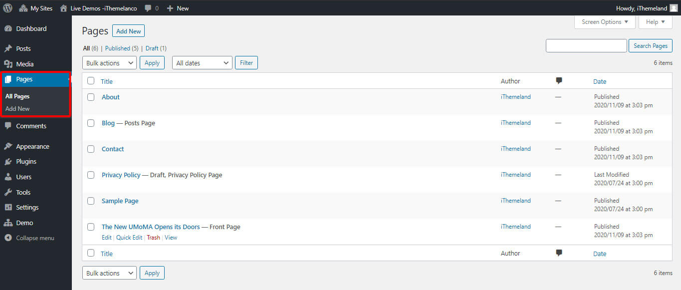 Page list in WordPress Dashboard