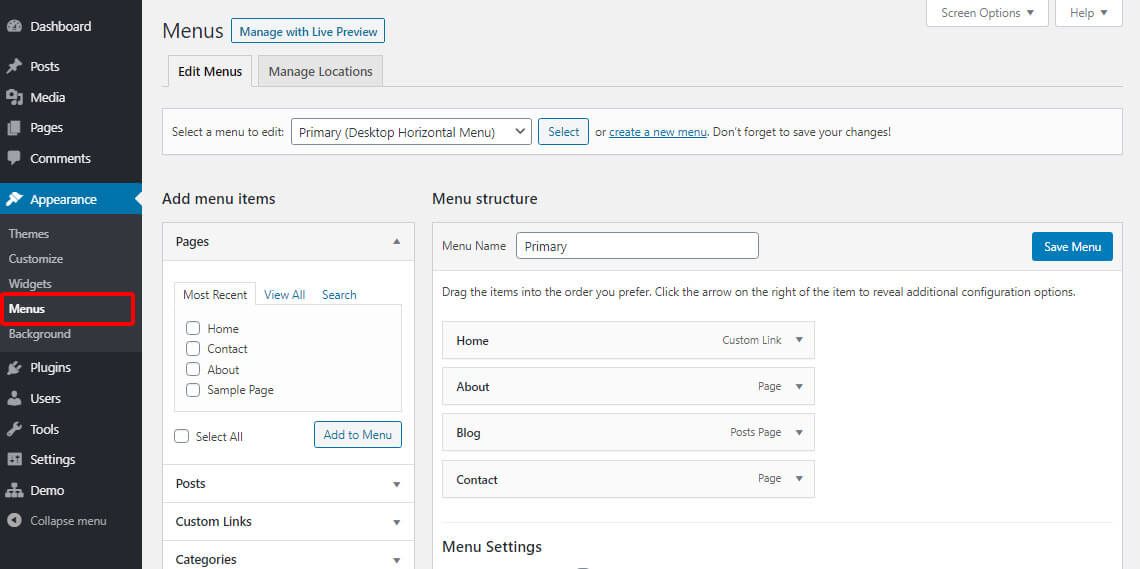 Menu section in wordPress