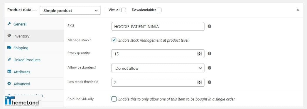 Inventory tab in WooCommerce with auto stock