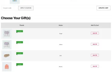 show woocommerce gifts in data table layout