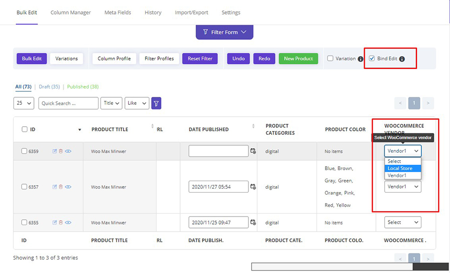 woocommerce bulk product editing vendor inline edit