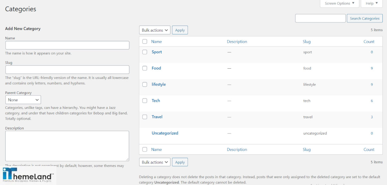 WordPress dashboard > Posts > Categories
