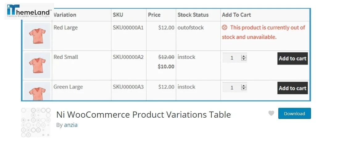 Ni WooCommerce Product Variations Table plugin