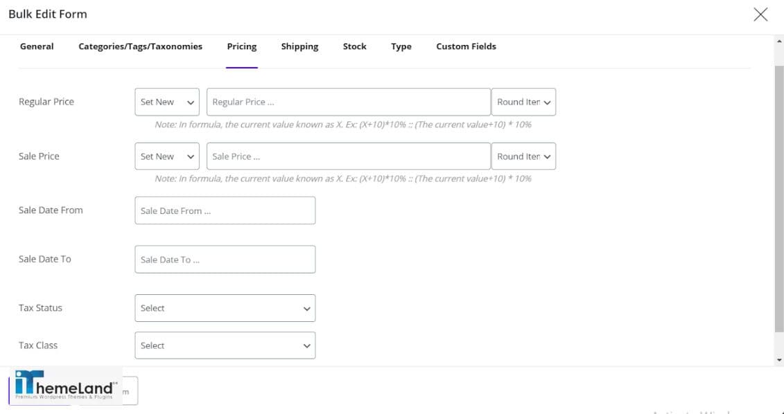 pricing tab in WooCommerce Bulk Product Editing Plugin
