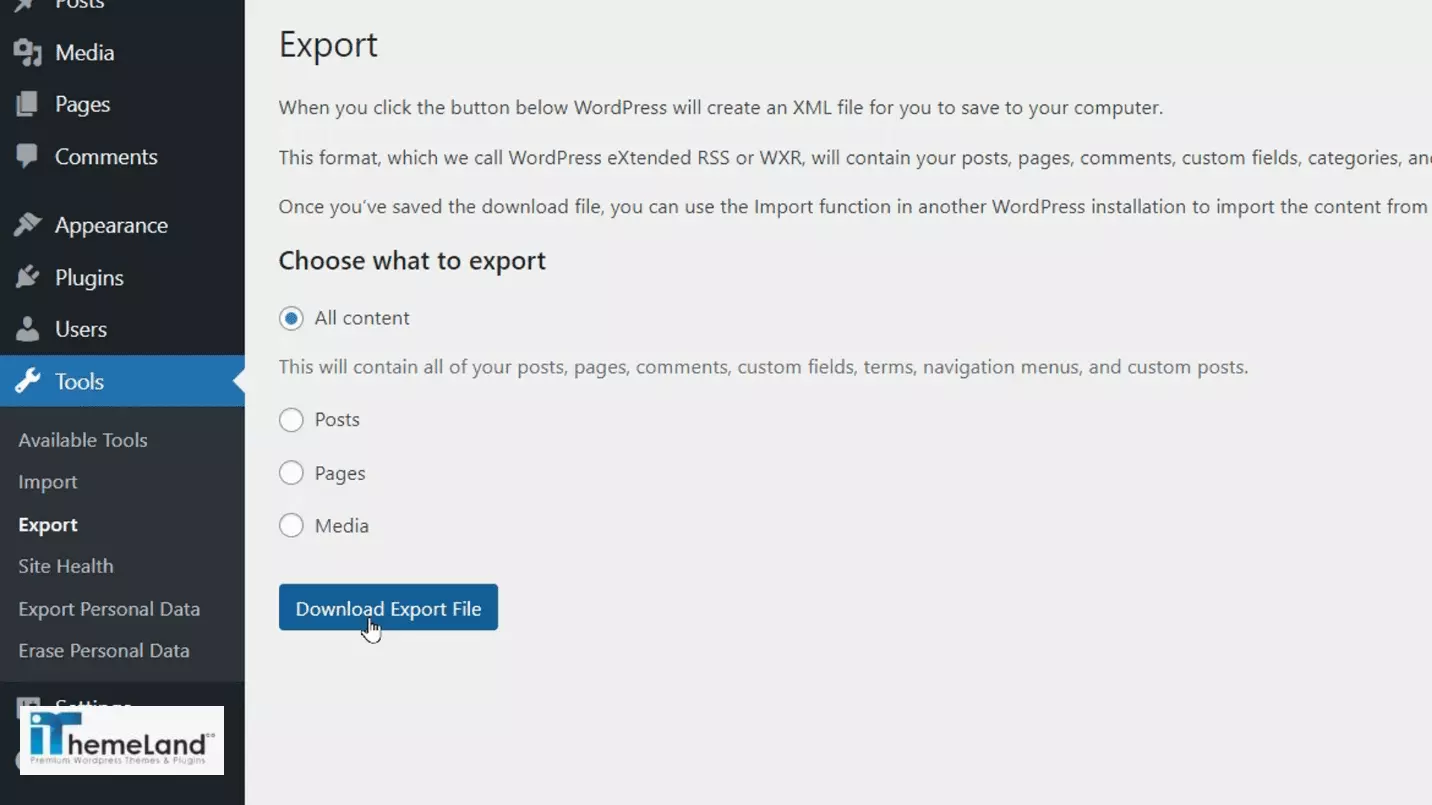 Exporting wordpress content