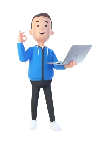 Happy man with laptop on hand asset vector