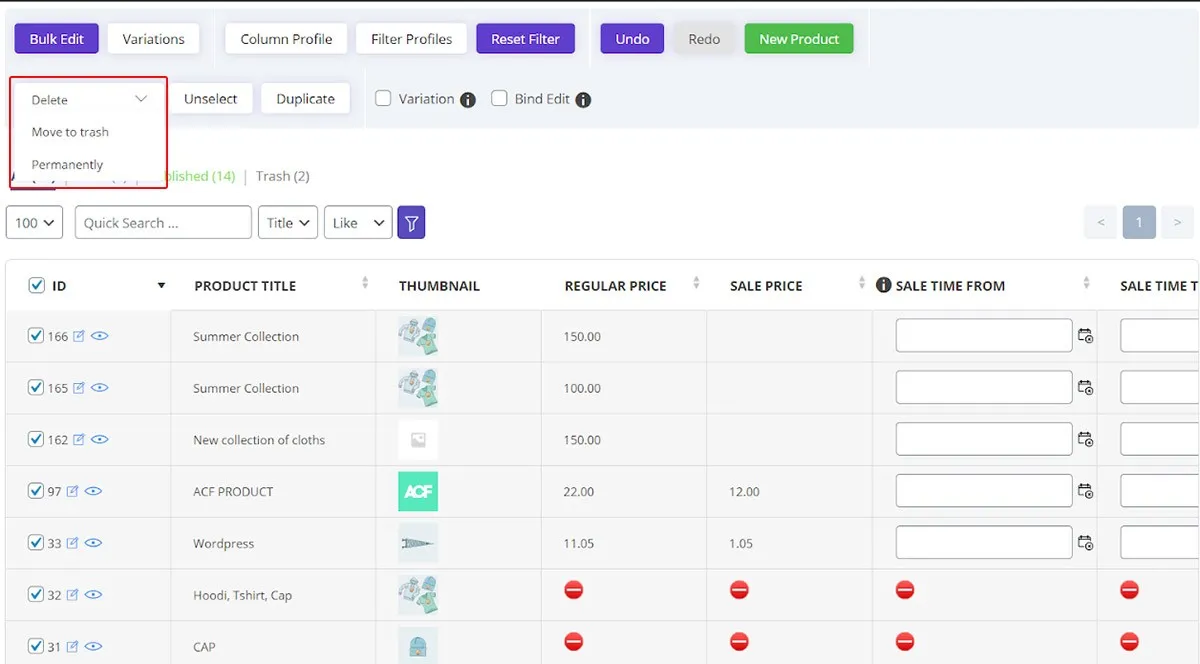 delete selected products in woocommerce bulk product editing plugin