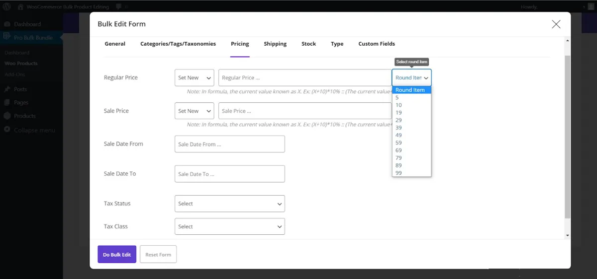 woocommerce bulk edit round price