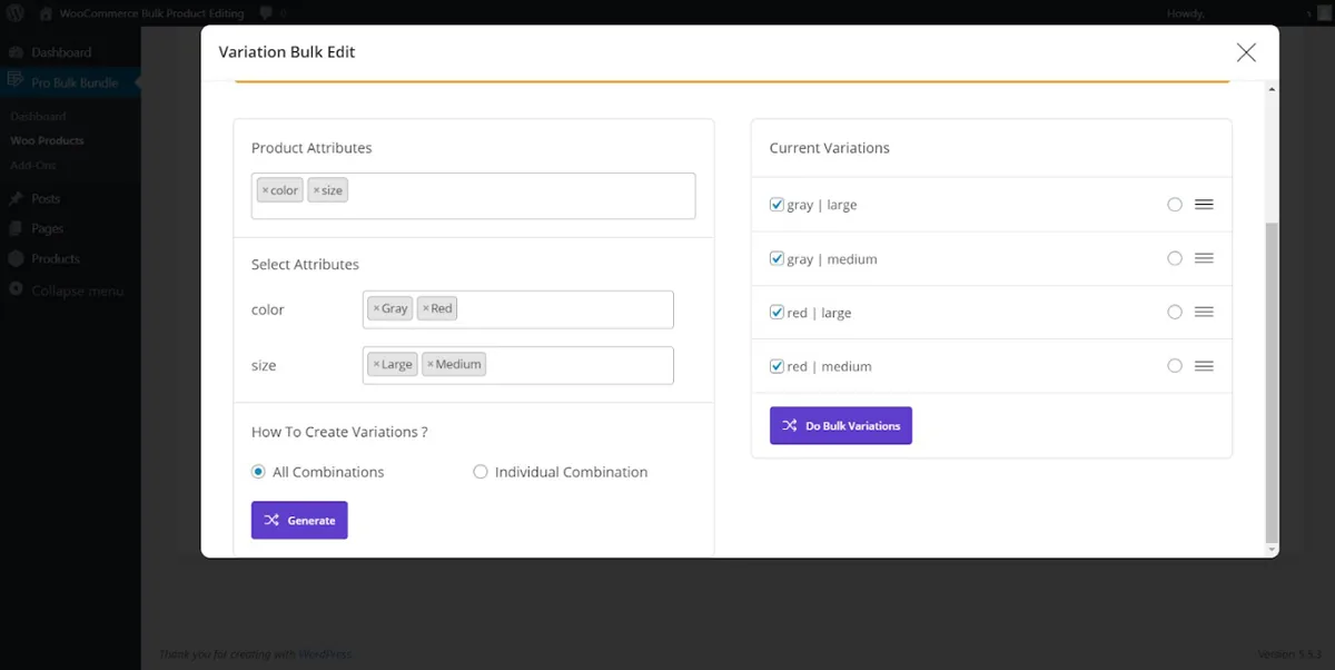 woocommerce bulk edit set variation