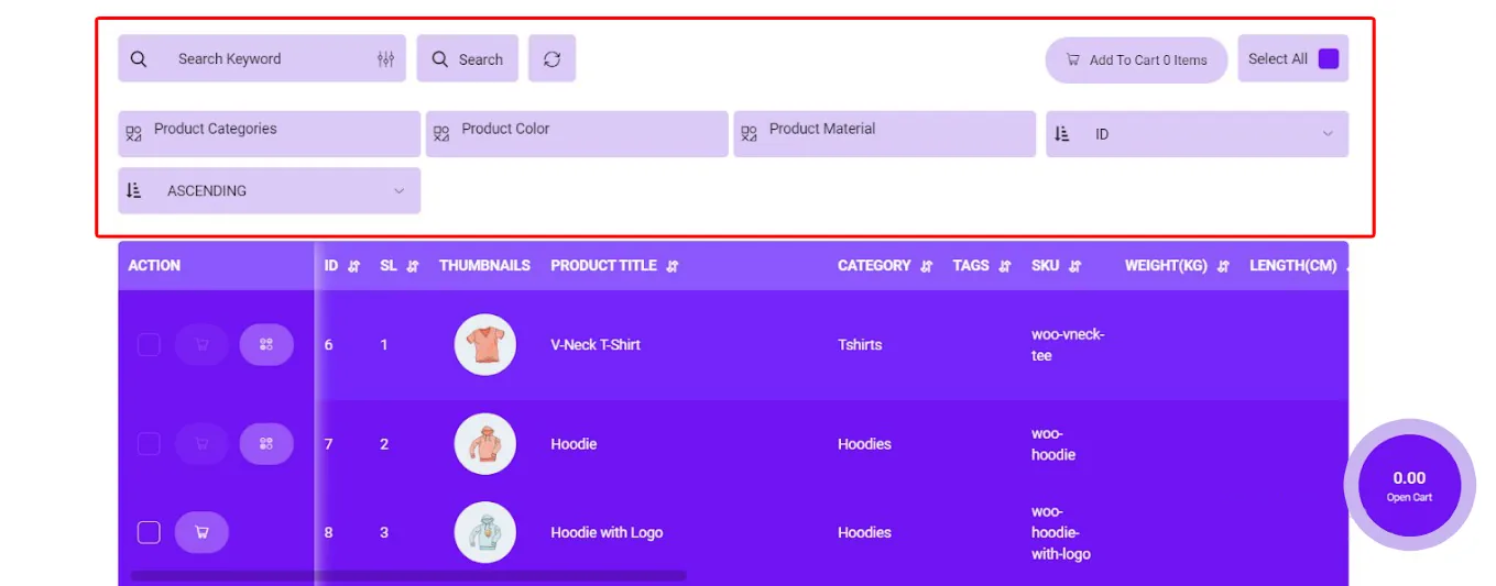 show filter and search on product table