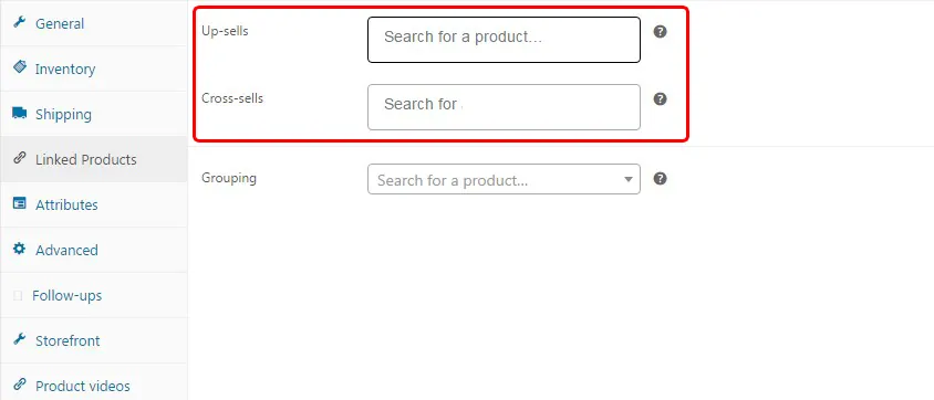 upsell and cross-sell fields in WooCommerce product detail page