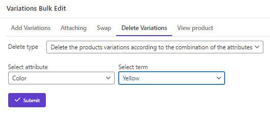 delete product variations according to combination attributes in WooCommerce