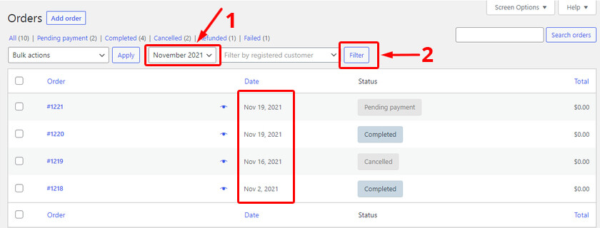 filter orders by date in woocommerce