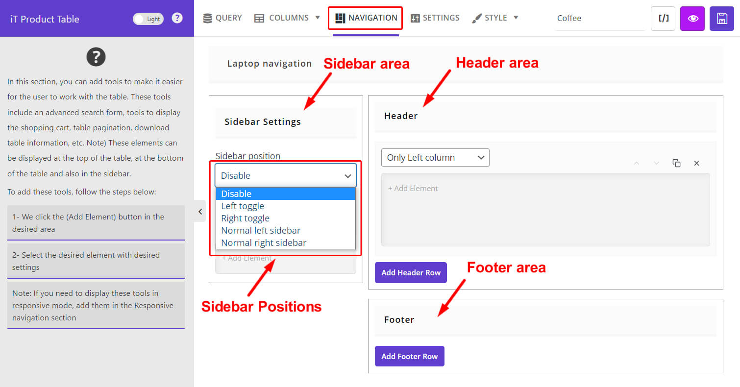 select sidebar positions product table pro
