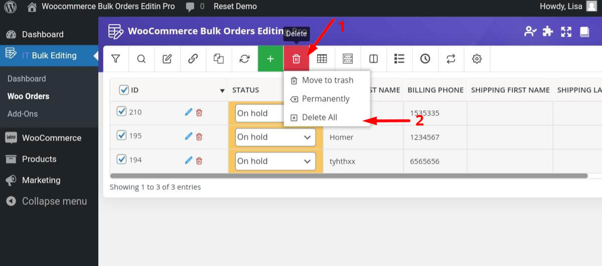 select trash and delete all in woocommerce order plugin