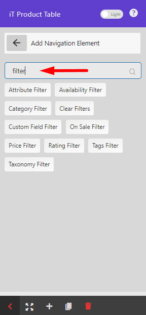 type filter word to show filter elements