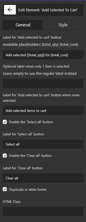 add selected to cart element for navigation bar table