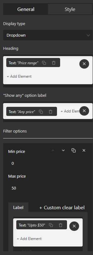 customization range price filter element in general tab