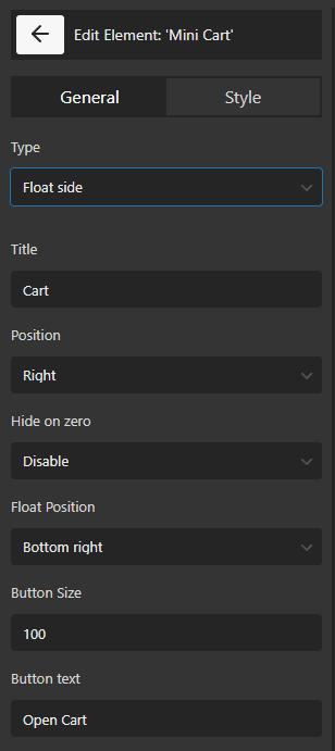 customize title and select hide on zero for mini cart element