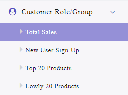 open customer role and group tab and select total sales option in WooCommerce report plugin dashboard