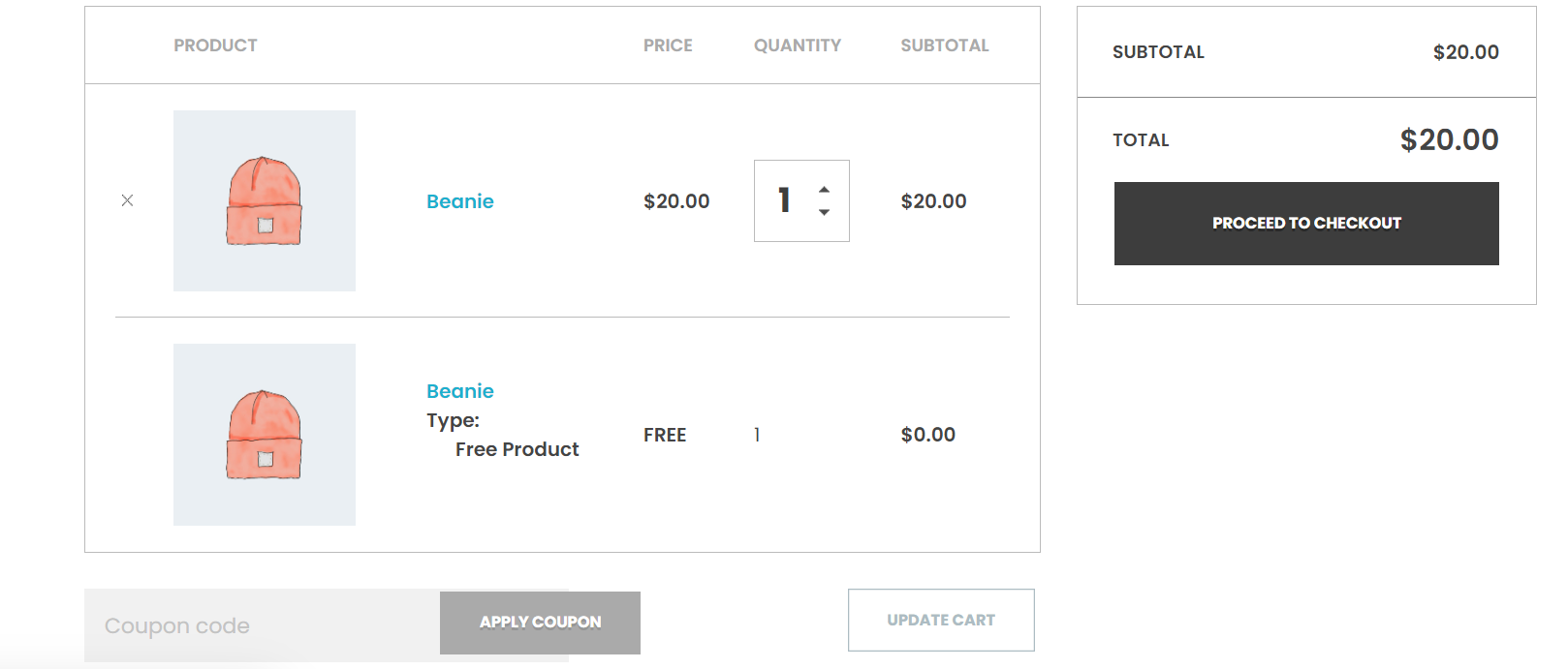 result buy one get one free offer using free gifts for WooCommerce plugin