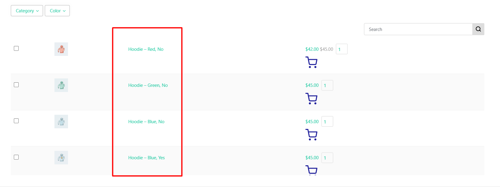 result List WooCommerce variable products in separate table row