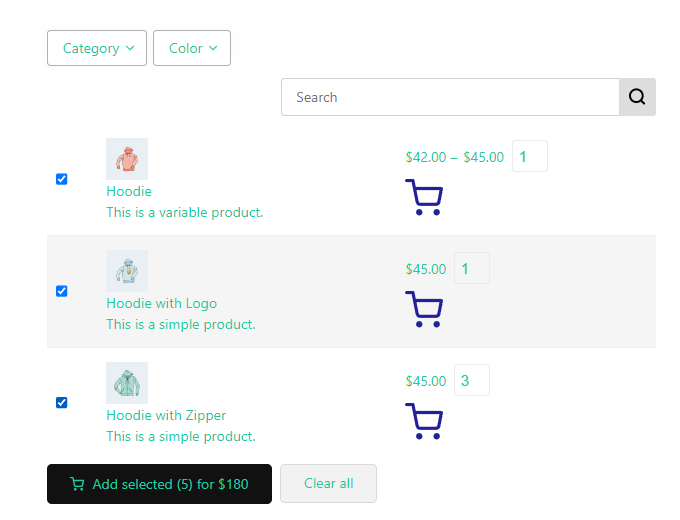 result shortcode product table in woocommerce bulk order form