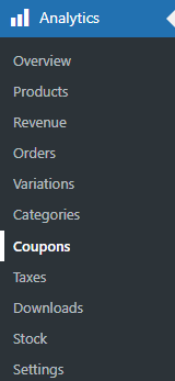 select coupons menu in WooCommerce analytics report