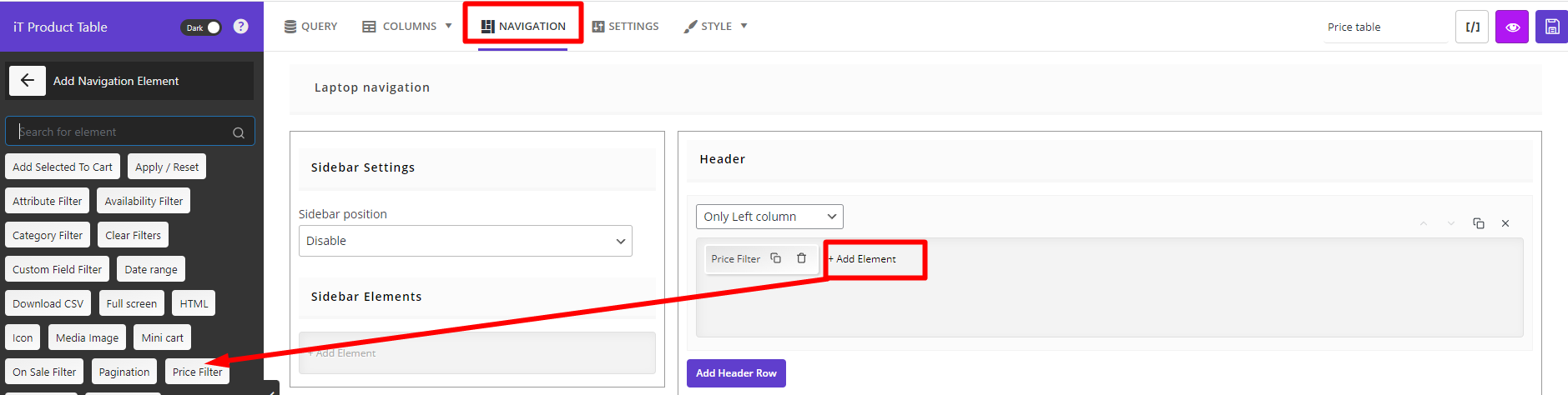 select navigation tab and choose price filter element in header