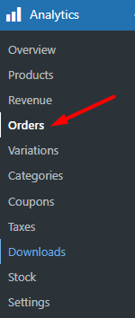 select orders menu in WooCommerce Analytics