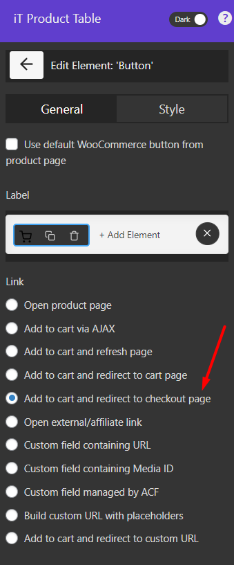 select redirect to checkout page option for button label