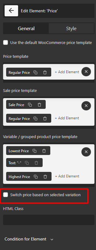 select switch price based on selected variation option for products variation