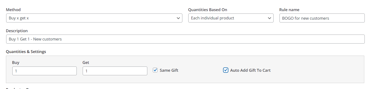 Set buy and get products in quantities and settings section